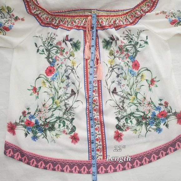 Umgee Floral Off Shoulder Top Blouse Womens Large Boho Peasant Bell Sleeve - Picture 10 of 11